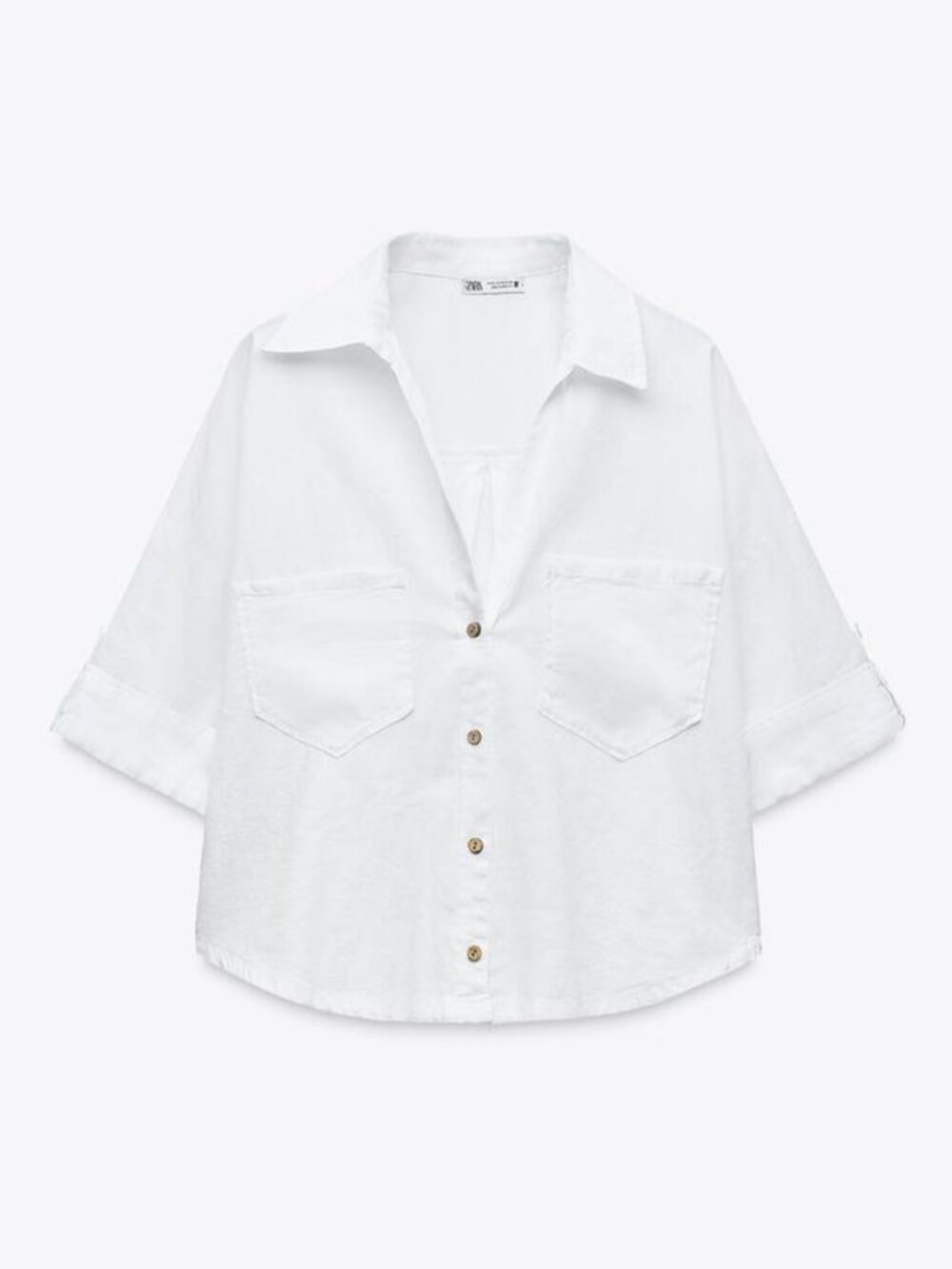 Zara White Linen Blend Cropped Button-Up Rolled Sleeve Shirt 2 Front Pockets